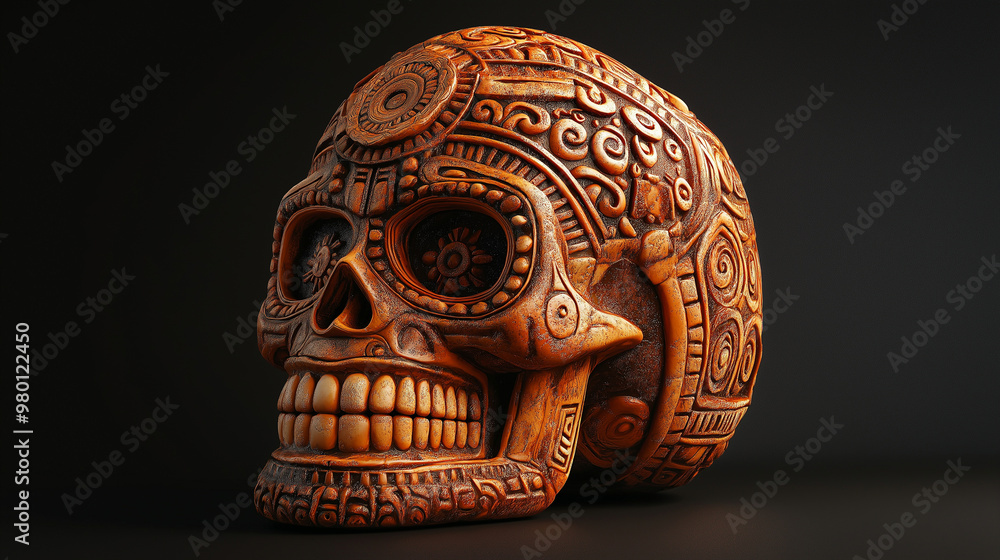 Aztec-Inspired Skull, an intricate Aztec-style skull design, with copy space, Day of the Dead Aztec-Inspired Skull, an intricate Aztec-style skull design, with copy space, Day of the Dead