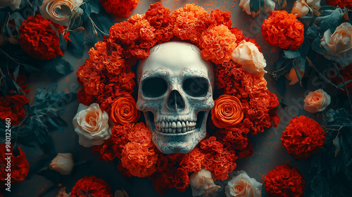 Floral Skull Wreath, a skull surrounded by a circular wreath of marigolds and roses, with copy space, Day of the Dead