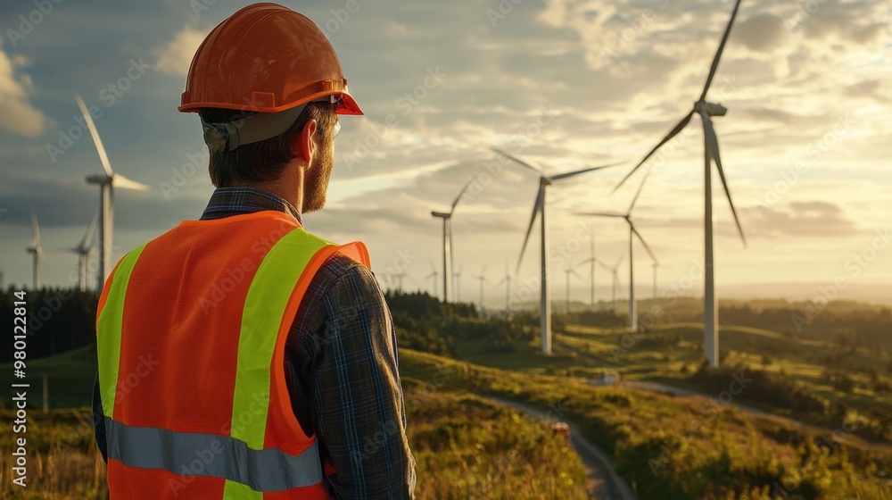 Engineer Inspecting Wind Turbines During Sunset in Countryside Engineer Inspecting Wind Turbines During Sunset in Countryside