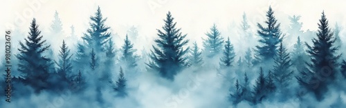 Misty Spruce Forest with Tall Trees Disappearing into Fog