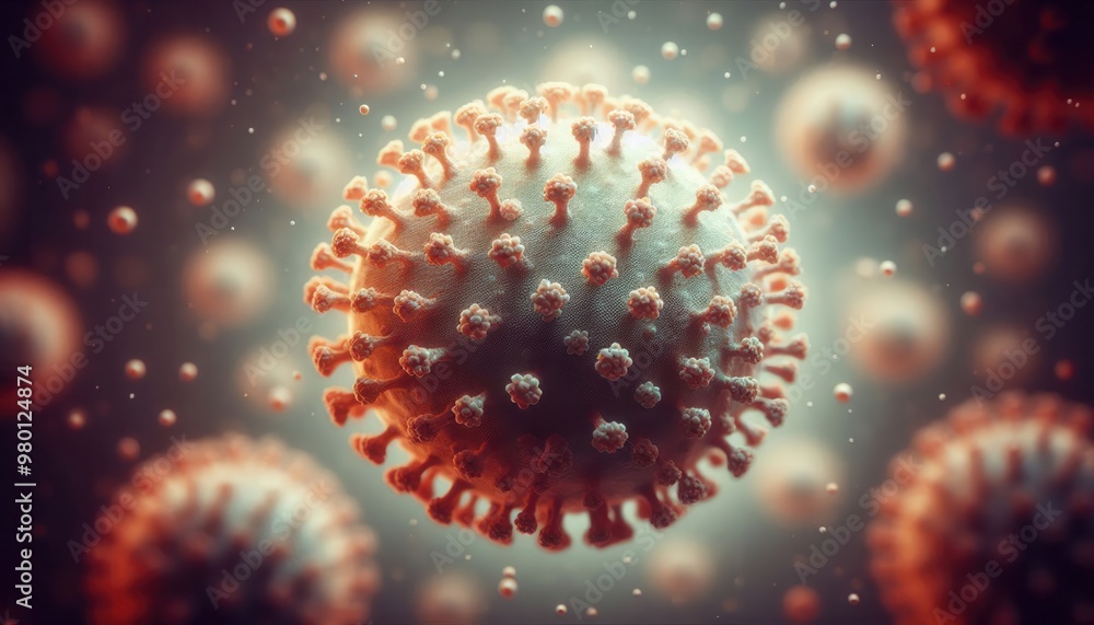 A detailed, artistic rendering of a virus, showcasing its structure in a dynamic, 3D view. Perfect for healthcare, science, and educational materials. A detailed, artistic rendering of a virus, showcasing its structure in a dynamic, 3D view. Perfect for healthcare, science, and educational materials.