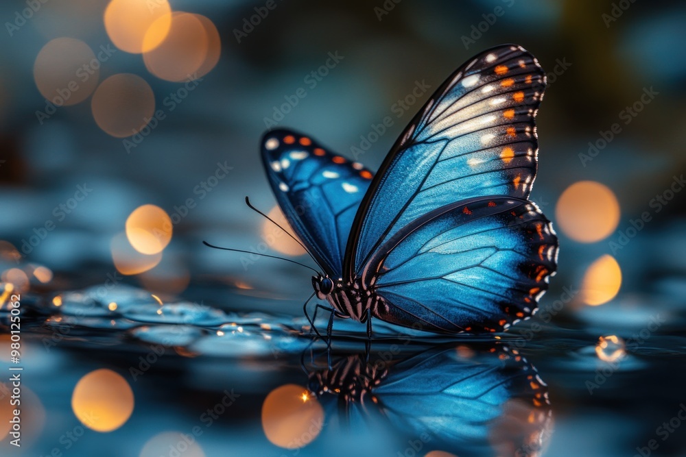 A Blue Morpho Butterfly Resting on Water with Bokeh Lights A Blue Morpho Butterfly Resting on Water with Bokeh Lights