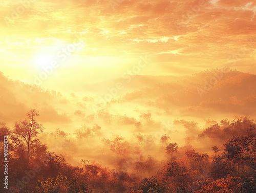 A breathtaking sunrise over a misty landscape, illuminating the trees and hills with warm golden light.