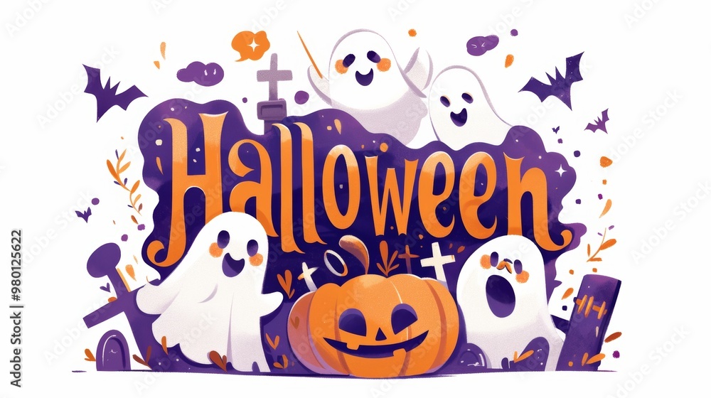 A festive Halloween illustration featuring ghosts, a pumpkin, and bats. A festive Halloween illustration featuring ghosts, a pumpkin, and bats.