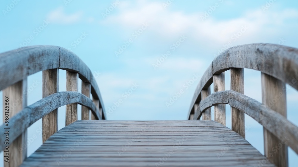 Fototapeta premium Serene Wooden Bridge Under Open Skies, a gentle wooden curve inviting exploration, symbolizing journeys and new beginnings, set against a minimalist, tranquil backdrop.
