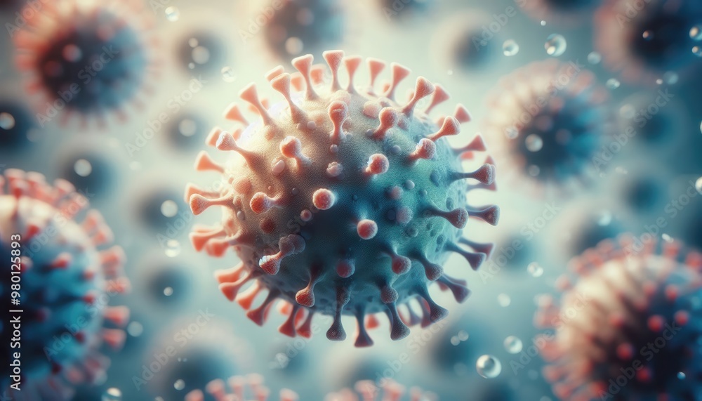 Fototapeta premium A detailed visualization of a virus, showcasing its structure and spikes, ideal for medical, educational, and scientific applications.