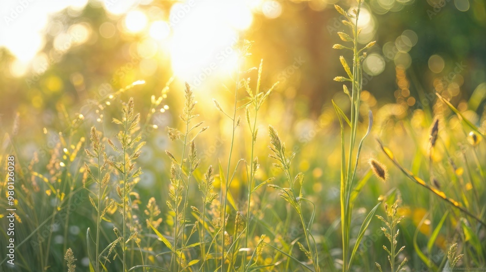Wild grasses sway in a sunlit field, illuminated by golden light in a tranquil countryside during a peaceful summer morning..