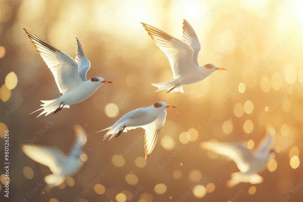 Obraz premium Four White Birds Flying Against a Golden Bokeh Background