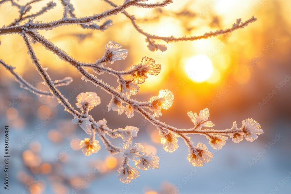 Frost-Covered Branch with Sunlit Leaves at Sunset Frost-Covered Branch with Sunlit Leaves at Sunset