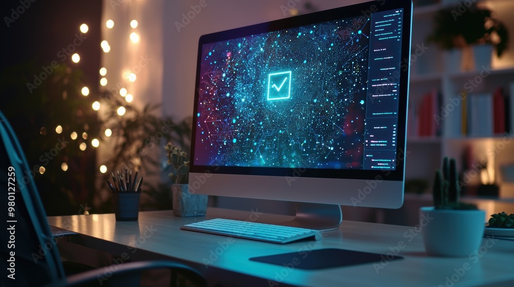 Glowing Technology Display with Checkmark Icon in Dark Workspace Glowing Technology Display with Checkmark Icon in Dark Workspace