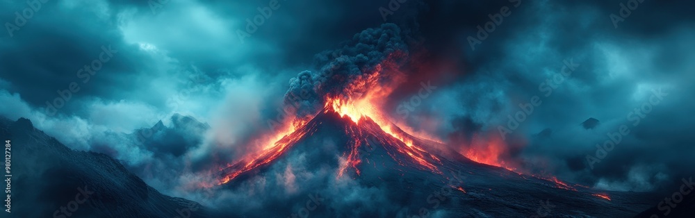 Fototapeta premium Volcano eruption with colorful smoke and ash clouds