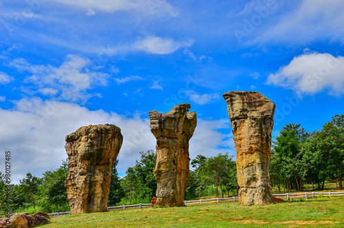 Viewpoint of White Stone Park, Thailand's Stonehenge, with large rocks scattered all over on a clear day, Chaiyaphum Province, Northeastern Thailand photo