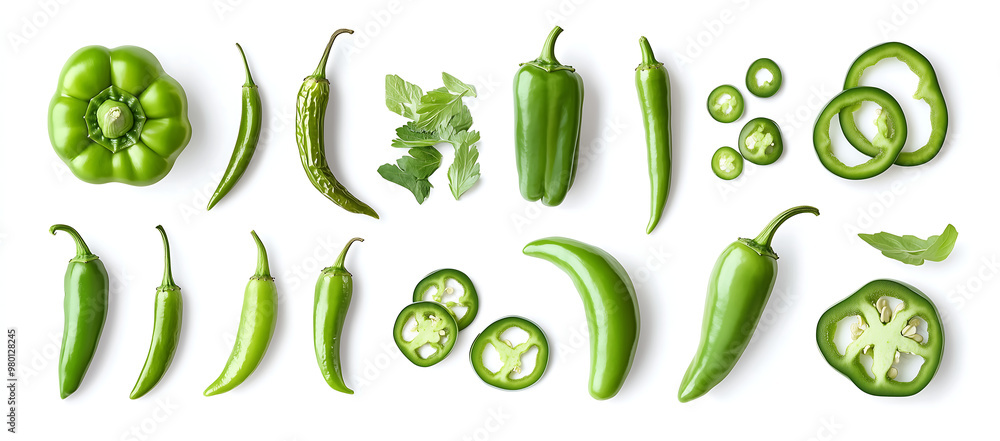 Many green peppers on a white background Many green peppers on a white background