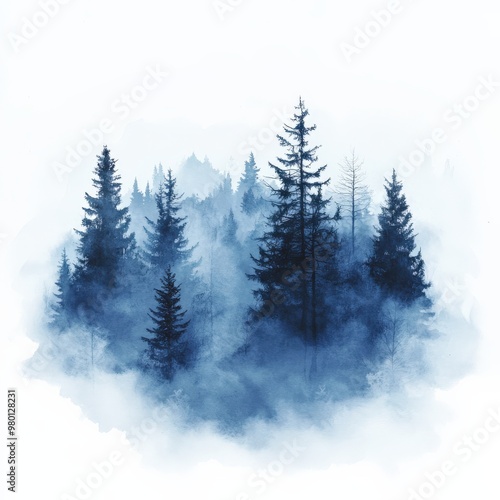 Misty Spruce Forest with Tall Trees Disappearing into Fog