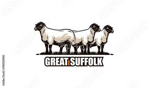 full blood suffolk sheep standing logo, great ram in organic farm vector illustrations