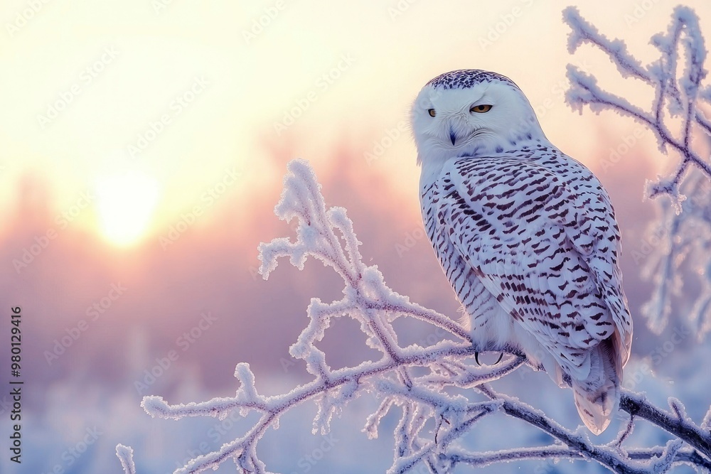 Fototapeta premium Snowy Owl Perched on a Frosty Branch at Sunset