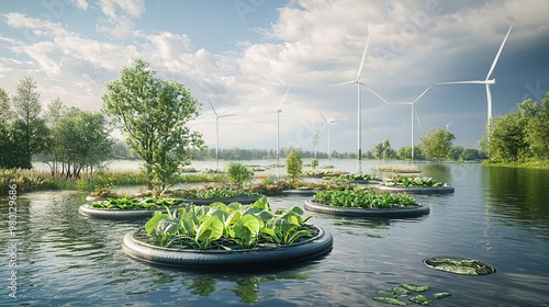 Sustainable Floating Gardens: Hydroponic Farming on a Tranquil Lake with Renewable Energy photo