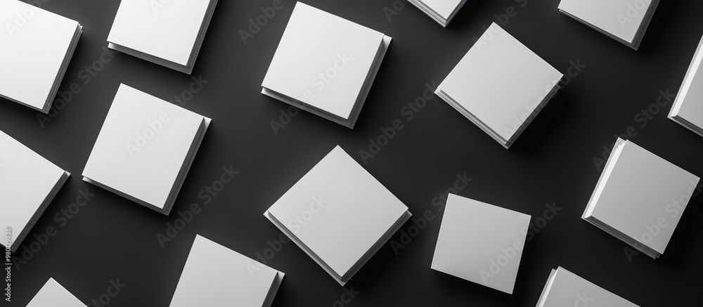 Abstract 3D rendering featuring white flat elements resembling blank notepads set against a black background Abstract 3D rendering featuring white flat elements resembling blank notepads set against a black background