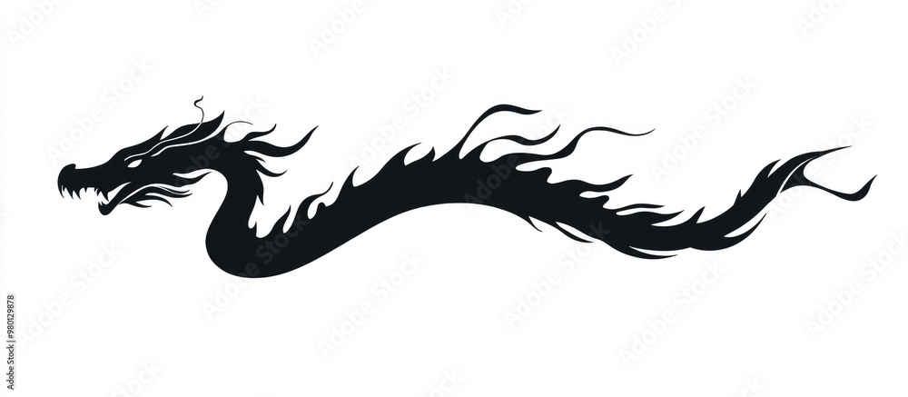 Black silhouette of a serpentine dragon in a flat linear design set against a white background Black silhouette of a serpentine dragon in a flat linear design set against a white background