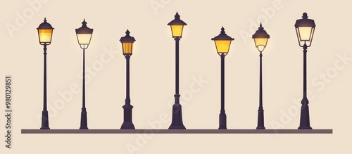 Flat design streetlight collection featuring urban road lamps and traditional park lights Sleek and stylish poles with bright yellow lanterns