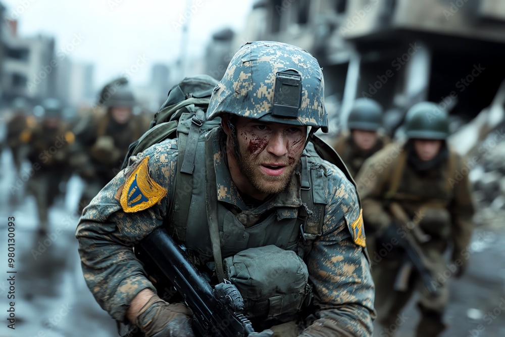A historical drama set in a war-torn country, with soldiers marching through bombed-out streets as civilians seek shelter A historical drama set in a war-torn country, with soldiers marching through bombed-out streets as civilians seek shelter