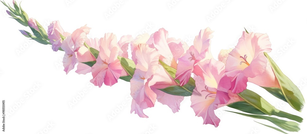 Painting of blooming pink gladiolus flowers on a branch isolated on a white background with a clipping path Painting of blooming pink gladiolus flowers on a branch isolated on a white background with a clipping path