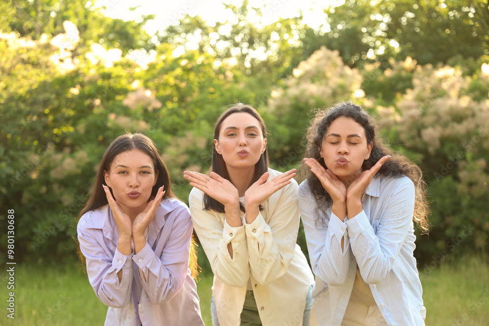 Female friends blowing kisses on picnic in park Female friends blowing kisses on picnic in park