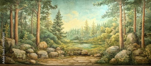 Three dimensional mural of a forest landscape as a nature themed wallpaper ba...