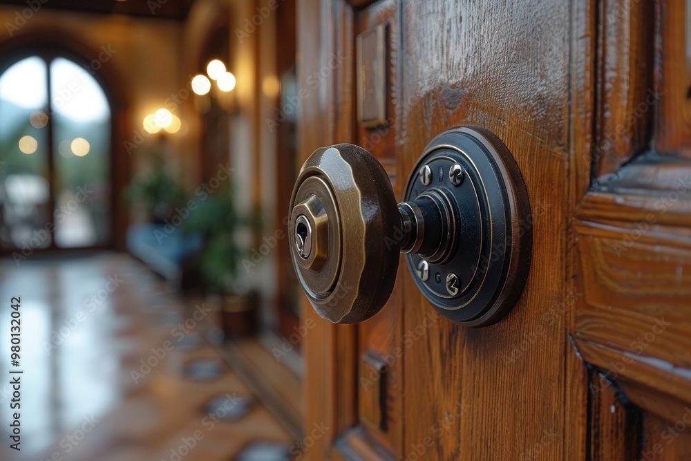 Close up of a magnetic key lock on a wooden door featuring an electronic card access system Close up of a magnetic key lock on a wooden door featuring an electronic card access system