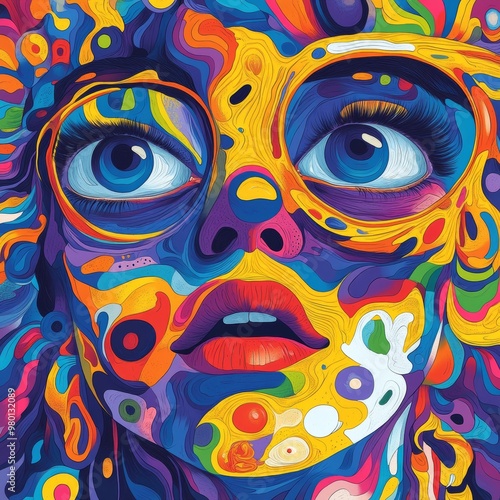 Abstract Colorful Portrait of a Woman with Blue Eyes and Open Mouth