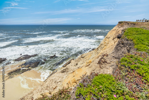 Cowell Ranch beach with ocean waves near Half Moon Bay on the California coast. Beautiful scenery, concept of rest, vacation, tourism