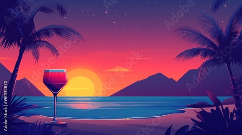 Surreal Beach With Palm Trees Sunset And Vibrant Cocktail In A Cyberpunk Style Edit