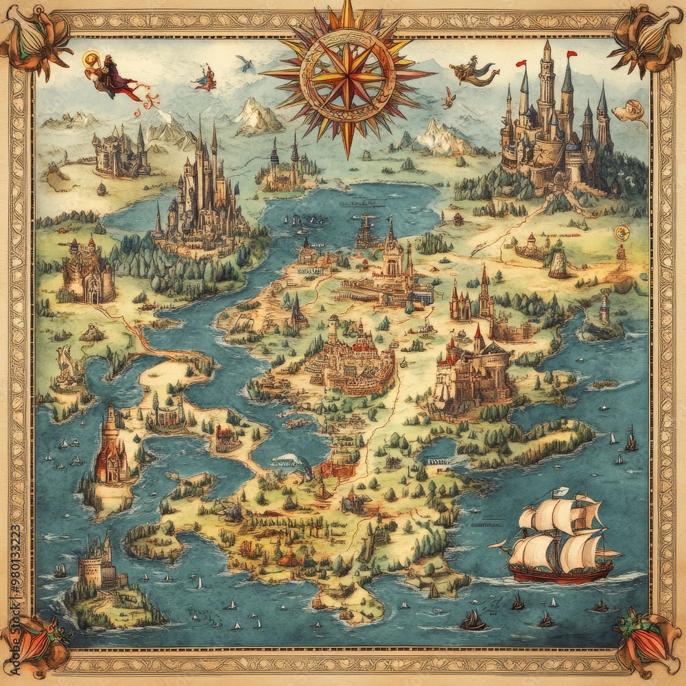 Naklejka premium Hand Drawn Fantasy Map with Castles Mountains and Seas