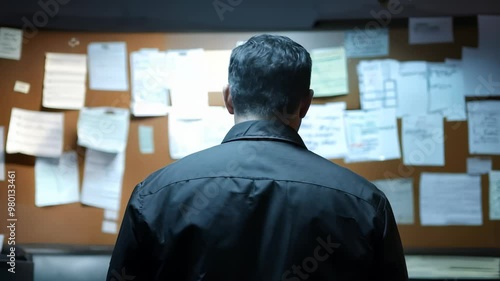 Detective Analyzing Clues on Bulletin Board in Dark Room