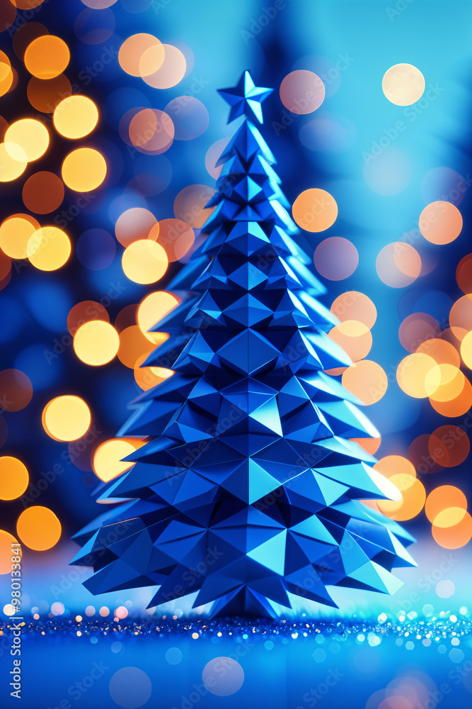 A blue geometric Christmas tree with a star on top, set against a blurred background of bokeh lights and trees, creating a festive atmosphere. A blue geometric Christmas tree with a star on top, set against a blurred background of bokeh lights and trees, creating a festive atmosphere.