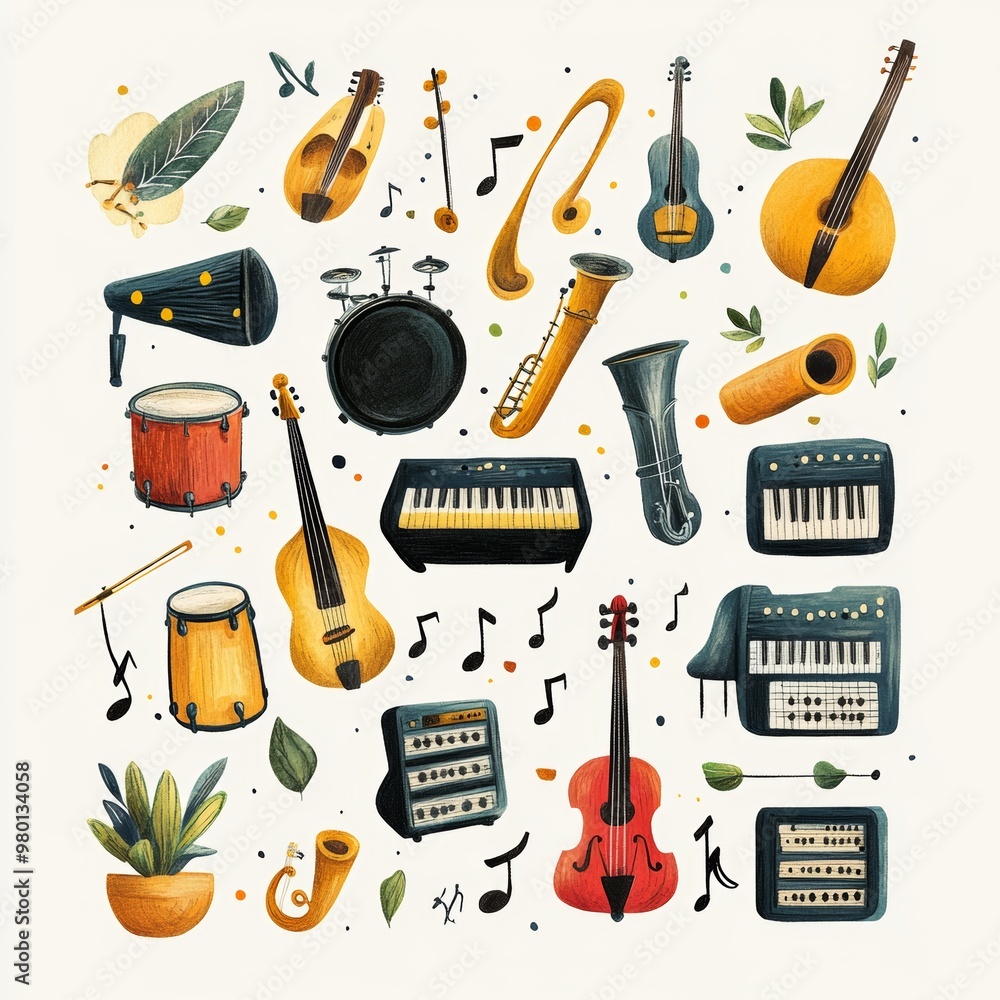 Obraz premium Watercolor Illustration of Musical Instruments and Notes