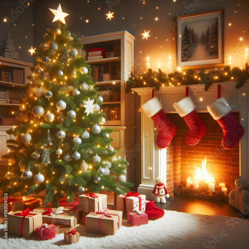 Hermoso pino navideño adornado con esferas plateadas junto a chimenea en una casa adornada con estrellas