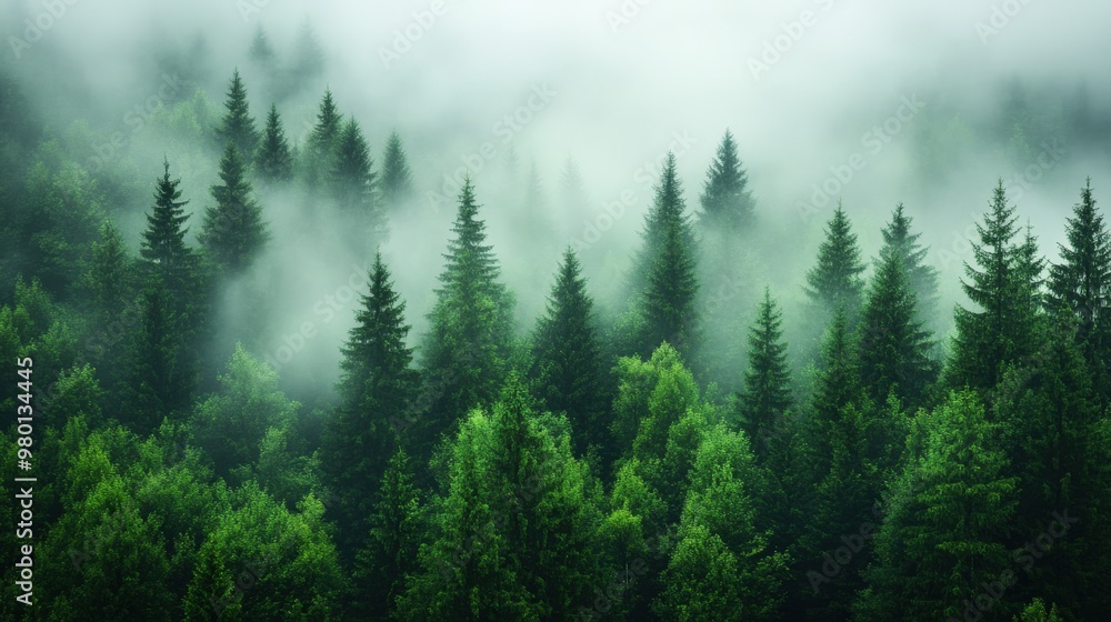 Misty Spruce Forest with Tall Trees Disappearing into Fog Misty Spruce Forest with Tall Trees Disappearing into Fog