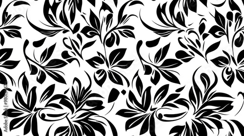 Abstract seamless pattern featuring floral and leaf designs in black and white Repeating geometric shapes and lines