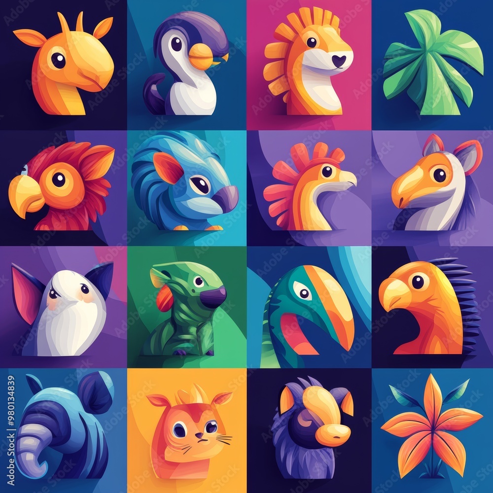 Fototapeta premium Colorful Animal Cartoon Character Icons Set