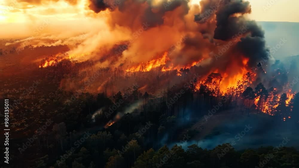 Aerial View of Intense Forest Fire with Billowing Smoke at Sunset Aerial View of Intense Forest Fire with Billowing Smoke at Sunset