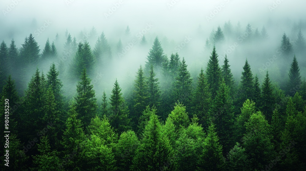 Misty Spruce Forest with Tall Trees Disappearing into Fog Misty Spruce Forest with Tall Trees Disappearing into Fog