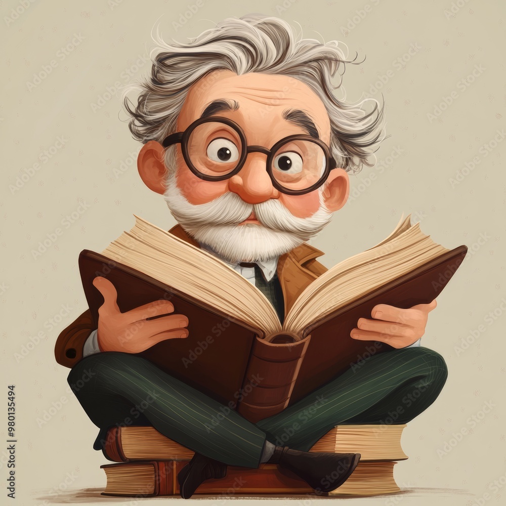 Old Man Reading a Book with Glasses and Mustache Old Man Reading a Book with Glasses and Mustache