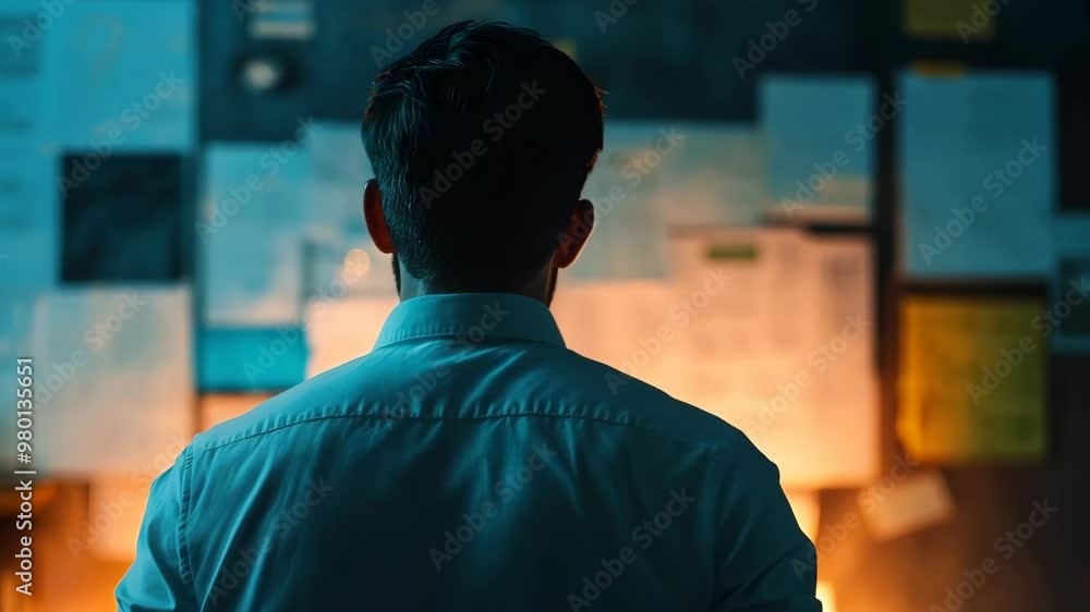 Businessman Reviewing Documents on Wall in Dimly Lit Office Businessman Reviewing Documents on Wall in Dimly Lit Office