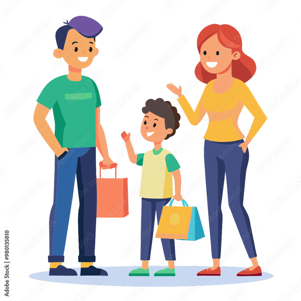A family of three father, mother, and child spending quality time together with colorful shopping bags, smiling and happy, on a transparent background A family of three father, mother, and child spending quality time together with colorful shopping bags, smiling and happy, on a transparent background