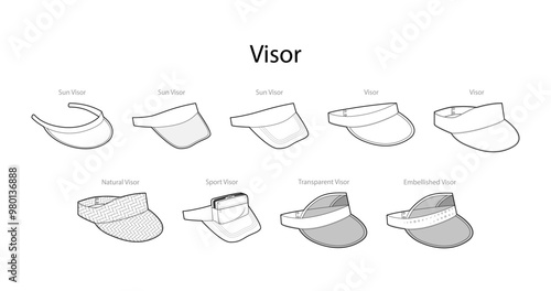 Set of Visor caps with names - Embellished Natural Sport Transparent Sun. Summer Head Fashion accessory hat clothing technical illustration. Vector headgear for Men, women, unisex style, flat template photo