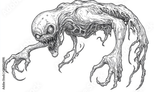 Line art depiction of a monochromatic monster gesturing