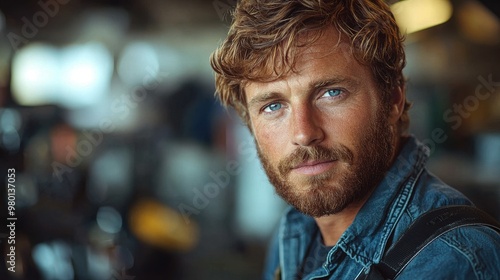 Confident young man with blue eyes and a beard, wearing a denim jacket, poses thoughtfully in a vibrant workshop setting during daylight hours