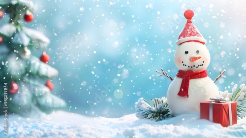 Smiling Snowman and Christmas Tree with Free Copy Space on Snowy Blue Background