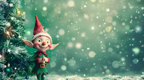 Smiling Elf and Christmas Tree with Free Copy Space on Snowy Green Background